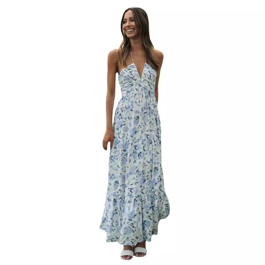 Damen Maxikleid mit zarten Blumendrucken und verstellbaren Spaghettiträgern Drune