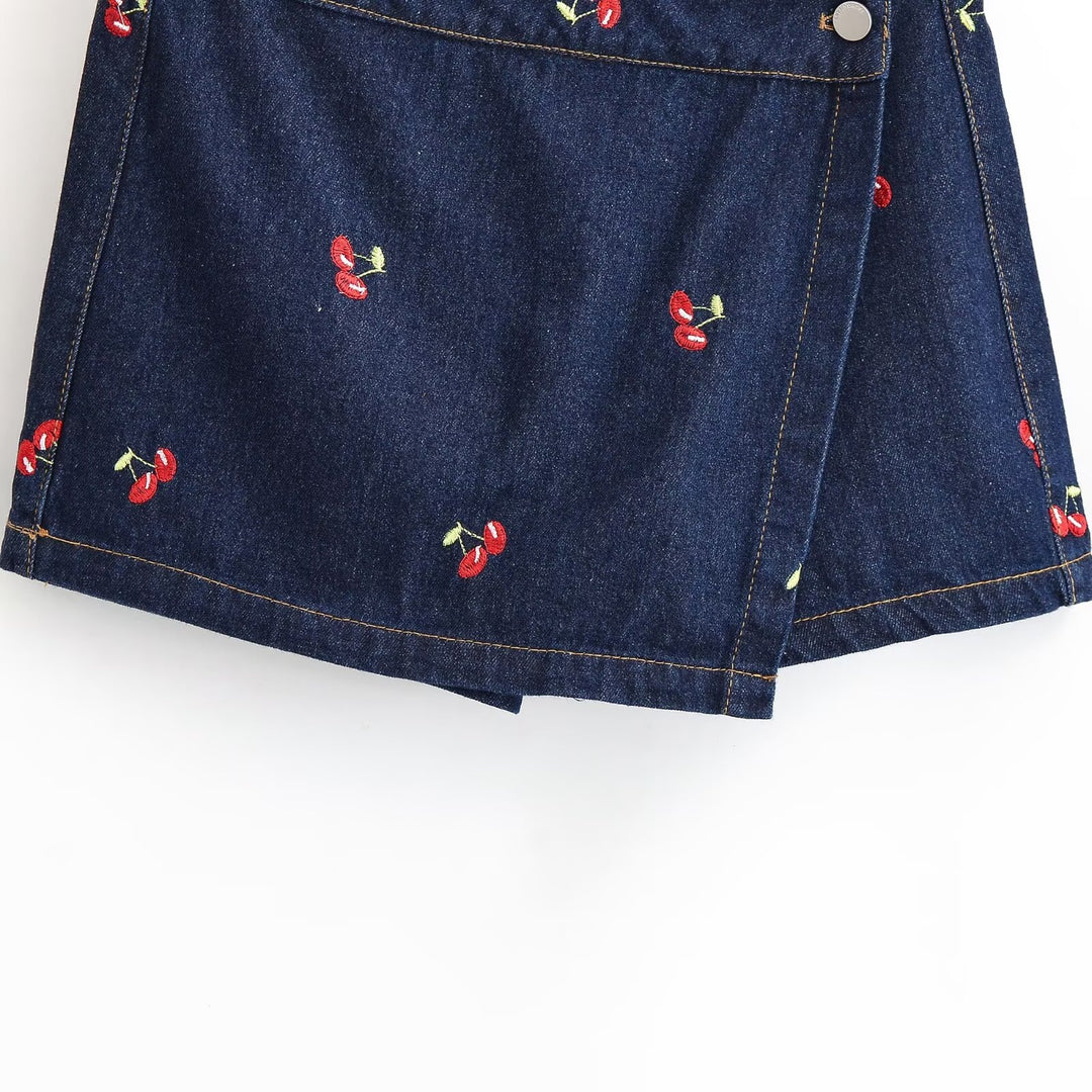 Damen Jeansrock mit verspielter Kirschstickerei und dekorativem Schnitt Drune