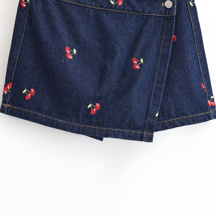 Damen Jeansrock mit verspielter Kirschstickerei und dekorativem Schnitt Drune