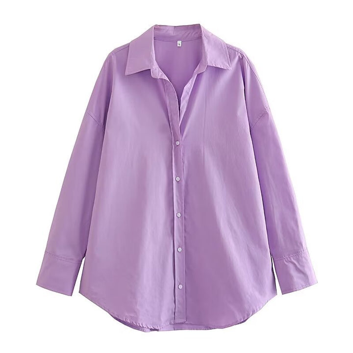 Damen nan oversized Longbluse mit Kentkragen, durchgehender Knopfleiste und abgerundetem Saum Drune