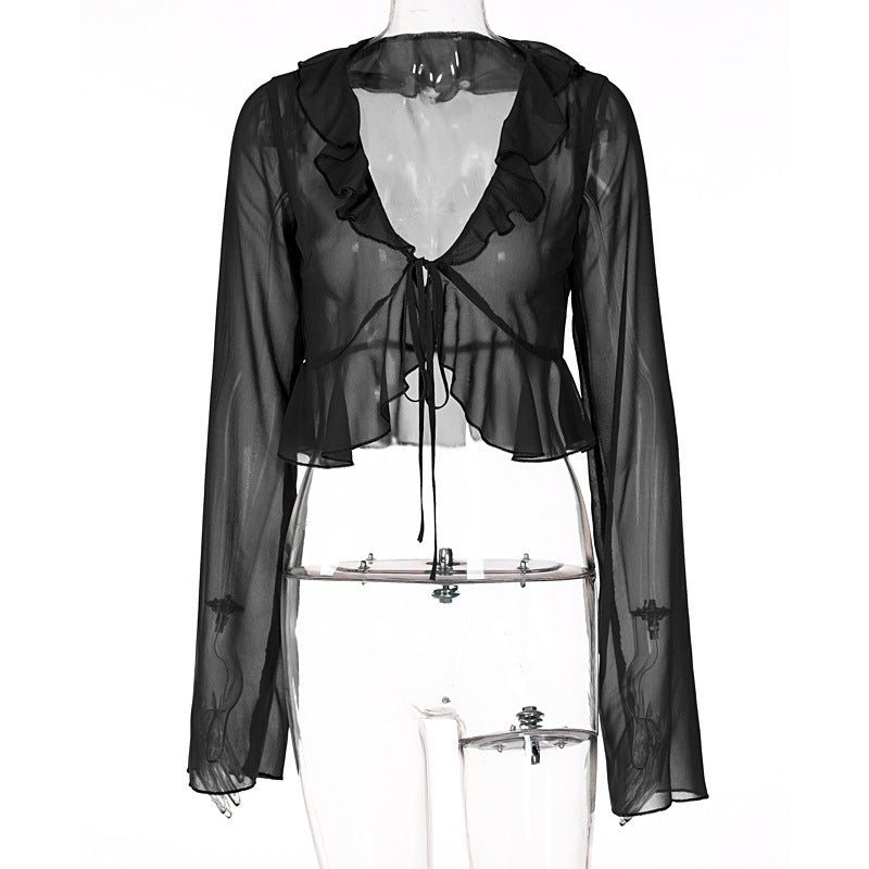 Damen Transparente Langarmbluse mit Rüschen und Bindegürtel Drune
