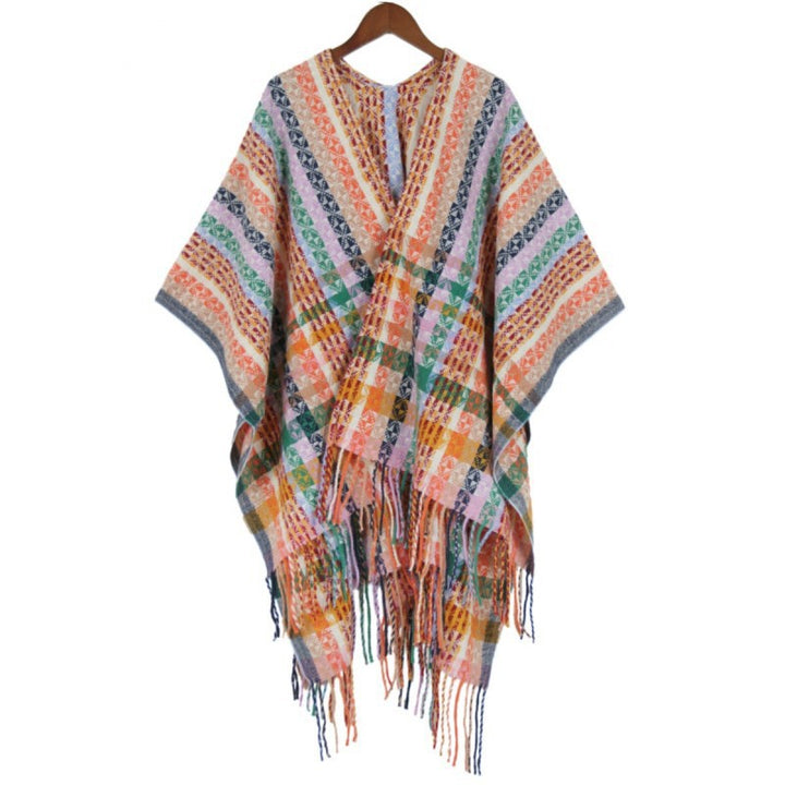 Damen Mehrfarbiger Web‑Poncho im Boho‑Patchwork‑Design mit Fransen Drune
