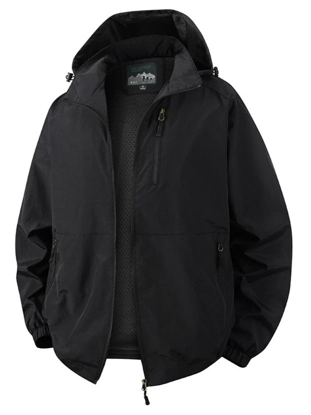 Herren Ultraleichte Allwetter-Outdoorjacke mit Kapuze atmungsaktivem Meshfutter und Reißverschlusstaschen Drune