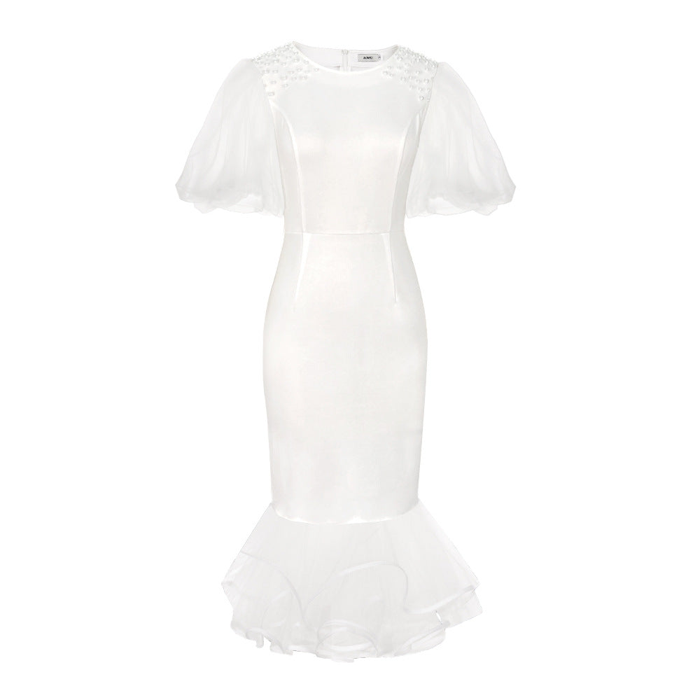 Damen Elegantes Maxikleid mit voluminösen Tüllärmeln und Rüschensaum Drune