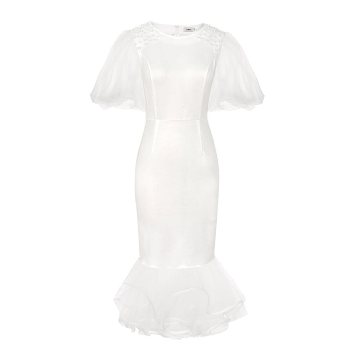 Damen Elegantes Maxikleid mit voluminösen Tüllärmeln und Rüschensaum Drune