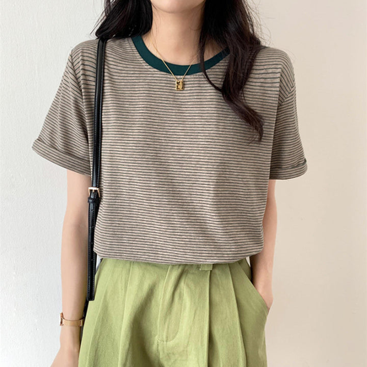 Damen gestreiftes T-Shirt mit kontrastierendem Rundhalsausschnitt und bequemem Schnitt