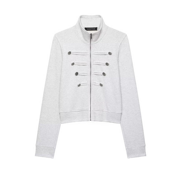 Damen Kurze Sweatjacke im Militärstil mit Stehkragen und dekorativer Knopfleiste Drune
