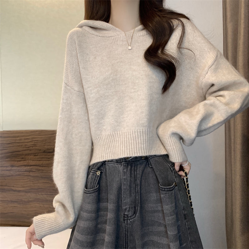 Damen lässiger Strickpullover mit Kapuze und lockeren Ärmeln Drune