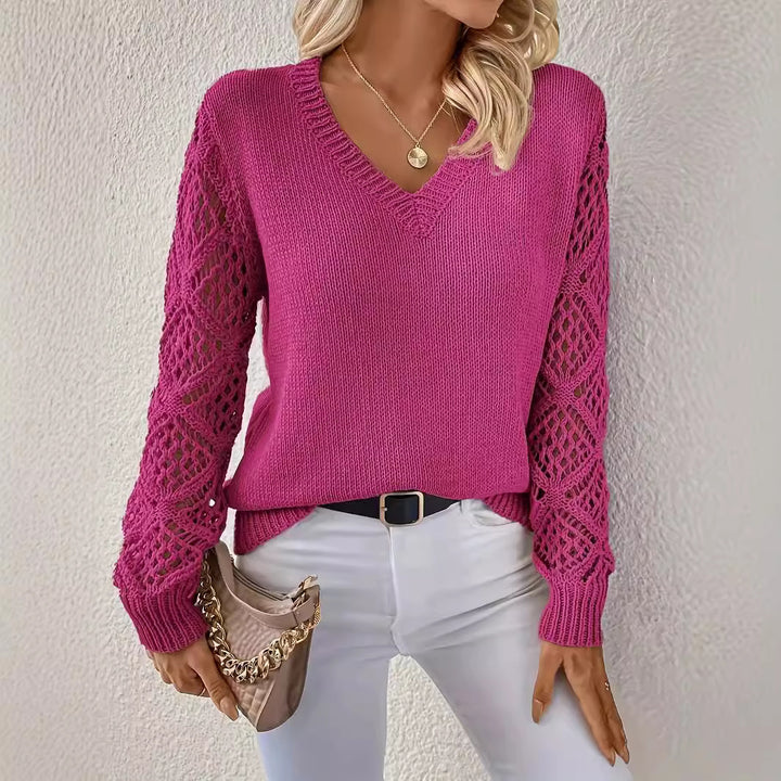 Damen Eleganter Strickpullover mit V-Ausschnitt und gehäkelten Ärmeln Drune
