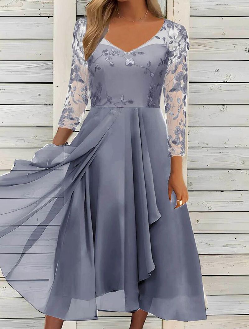 Damen nan elegantes Midikleid mit besticktem Tülloberteil, transparenten Dreiviertelärmeln und mehrlagigem Drapé-Rock Drune
