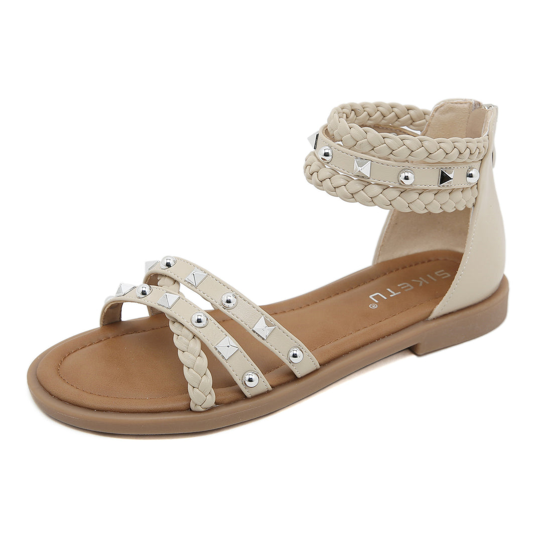Damen Sandalen mit geflochtenen Riemen und modischen Nieten Drune