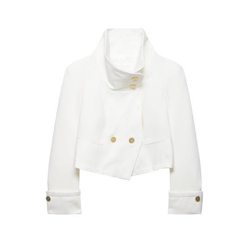 Damen Cropped-Blazer mit hohem Stehkragen, doppelreihiger Knopfleiste und Ziermanschetten Drune