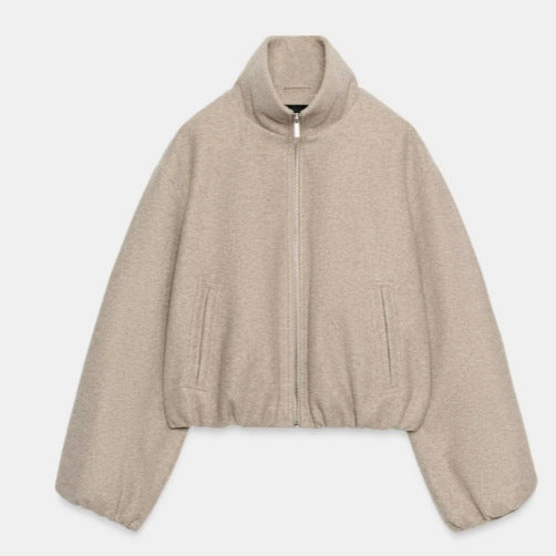 Damen Kurz geschnittene Bouclé‑Blousonjacke mit Stehkragen, elastischem Saum und Ballonärmeln Drune