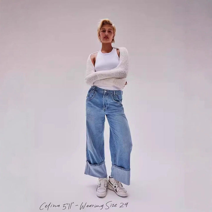 Damen Weite Jeans mit umgeschlagenem Saum