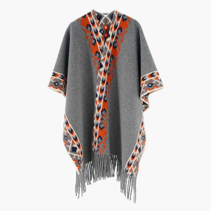 Damen Poncho‑Überwurf mit Ethno-Jacquard und Fransensaum Drune