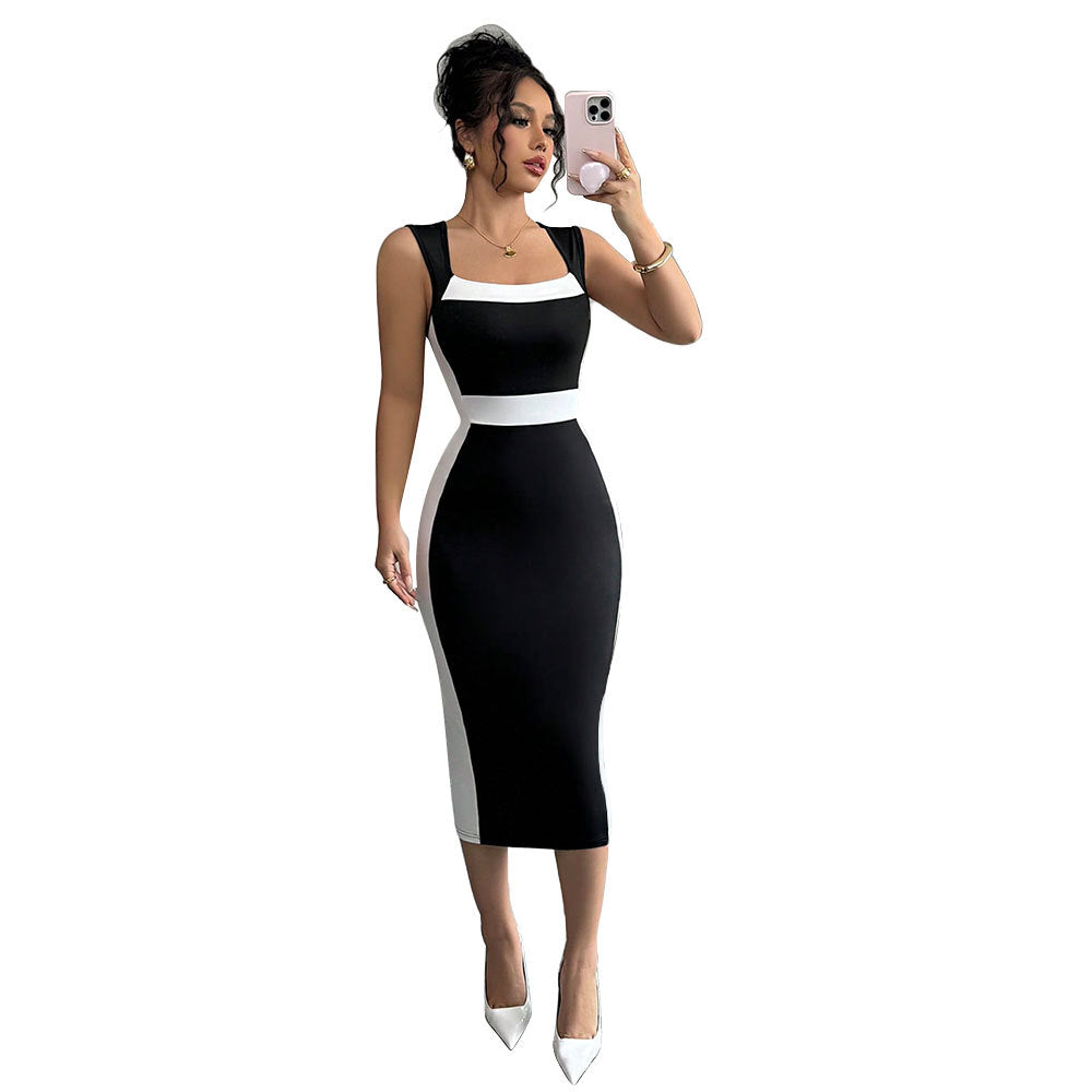 Damen figurbetontes Midi-Kleid mit elegantem Farbkontrast und schickem Ausschnitt Drune