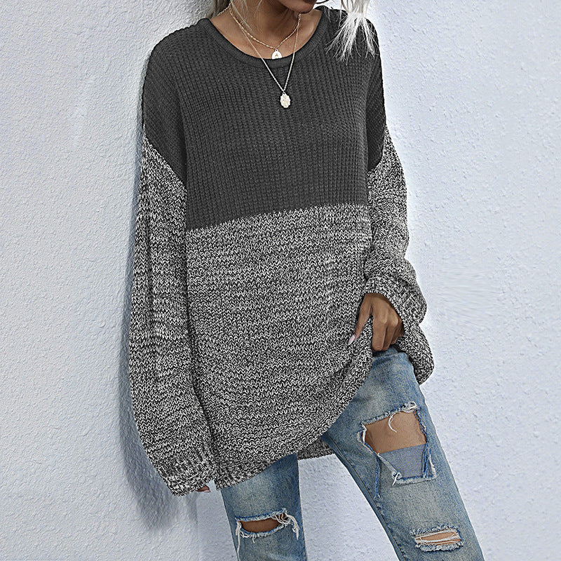 Damen Oversize-Strickpullover im Melange-Blockdesign mit Rundhalsausschnitt & verlängertem Saum Drune