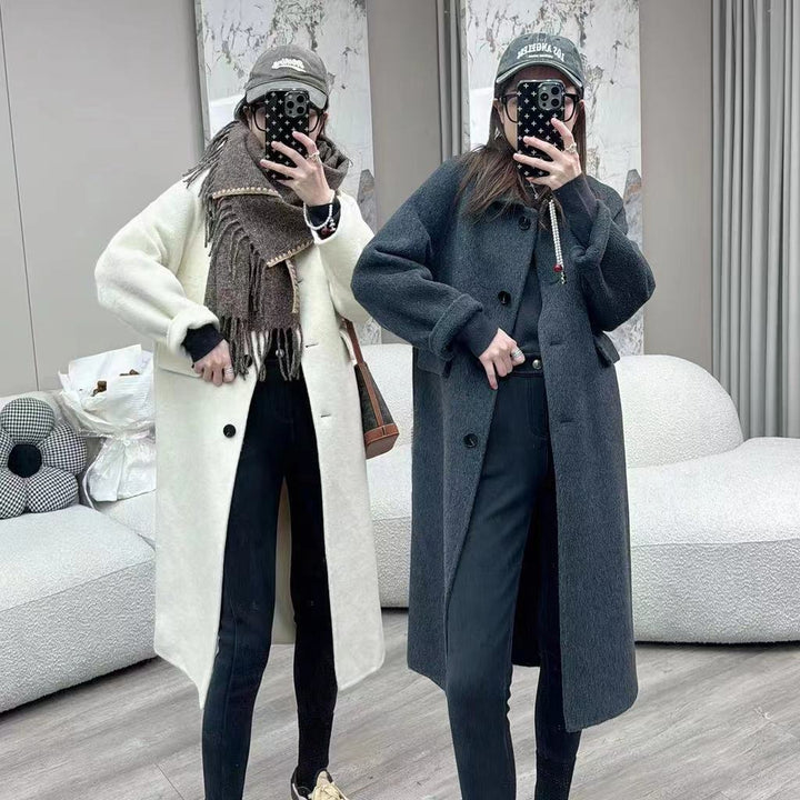 Damen Oversize Wollmix Mantel knielang mit verdeckter Knopfleiste und lässiger Schulterlinie Drune