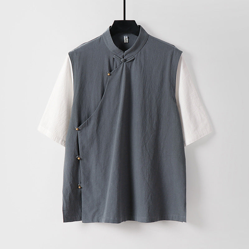 Herren Asymmetrische Leinenweste mit Stehkragen und seitlicher Knopfleiste Drune