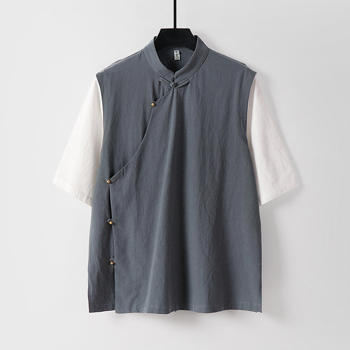 Herren Asymmetrische Leinenweste mit Stehkragen und seitlicher Knopfleiste Drune