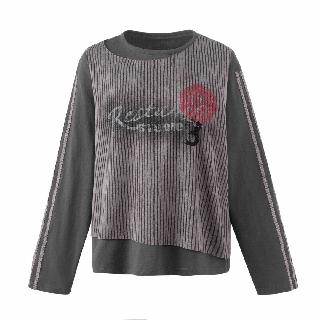 Damen Lässiges Sweatshirt mit gestreiftem Overlay, Ziernähten und Rosenprint Drune