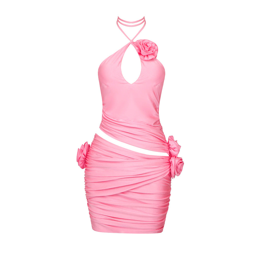 Damen Neckholder-Kleid mit raffiniertem Drapé und Rosendetails Drune