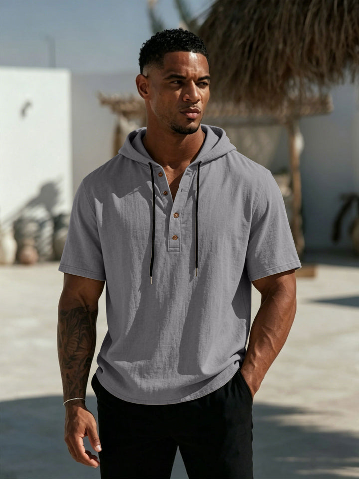 Herren Kurzarm-Hoodie-Henley aus Leinenoptik mit Knopfleiste Drune