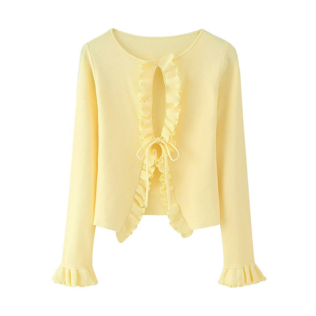 Damen Strickjacke mit Rüschen und Bändern Drune