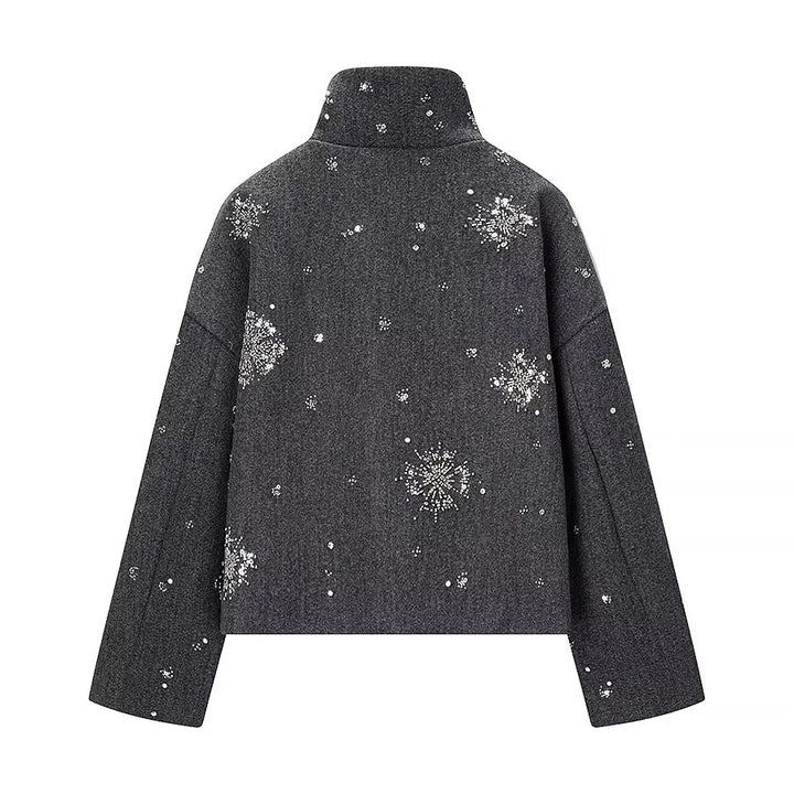 Damen nan boxy Kurzjacke mit hohem Stehkragen und funkelnder Perlen‑ und Paillettenstickerei Drune