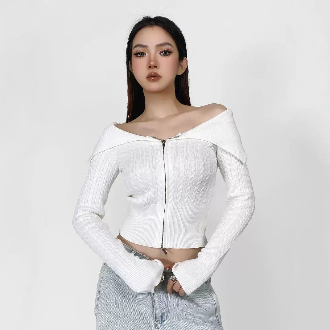 Damen modische Strickjacke mit weitem Kragen und Reißverschluss Drune