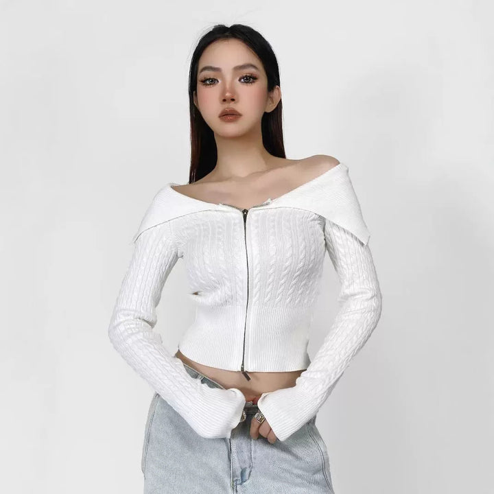 Damen modische Strickjacke mit weitem Kragen und Reißverschluss Drune
