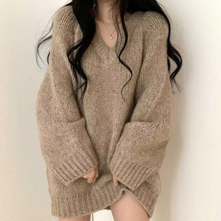 Damen lässiger oversized Pullover mit tiefem V-Ausschnitt und weichem Strickmaterial Drune
