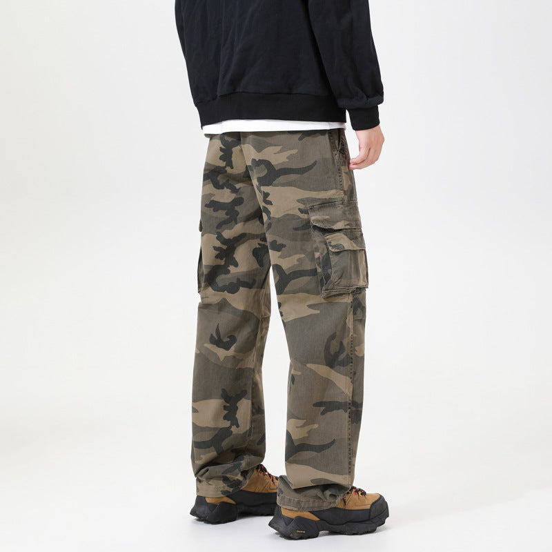 Herren Cargo-Hose mit Camouflage-Muster, Relaxed-Fit, Mehrfach-Taschen und Kordelzug am Saum Drune