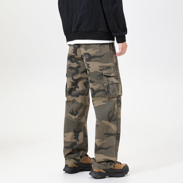 Herren Cargo-Hose mit Camouflage-Muster, Relaxed-Fit, Mehrfach-Taschen und Kordelzug am Saum Drune