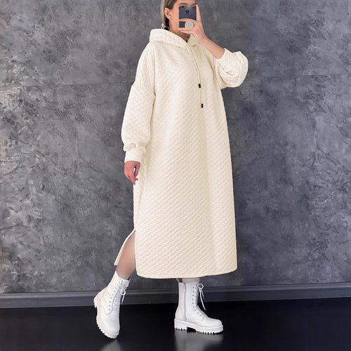 Damen lässiges Sweatshirt-Kleid mit Kapuze und seitlichen Schlitzen Drune