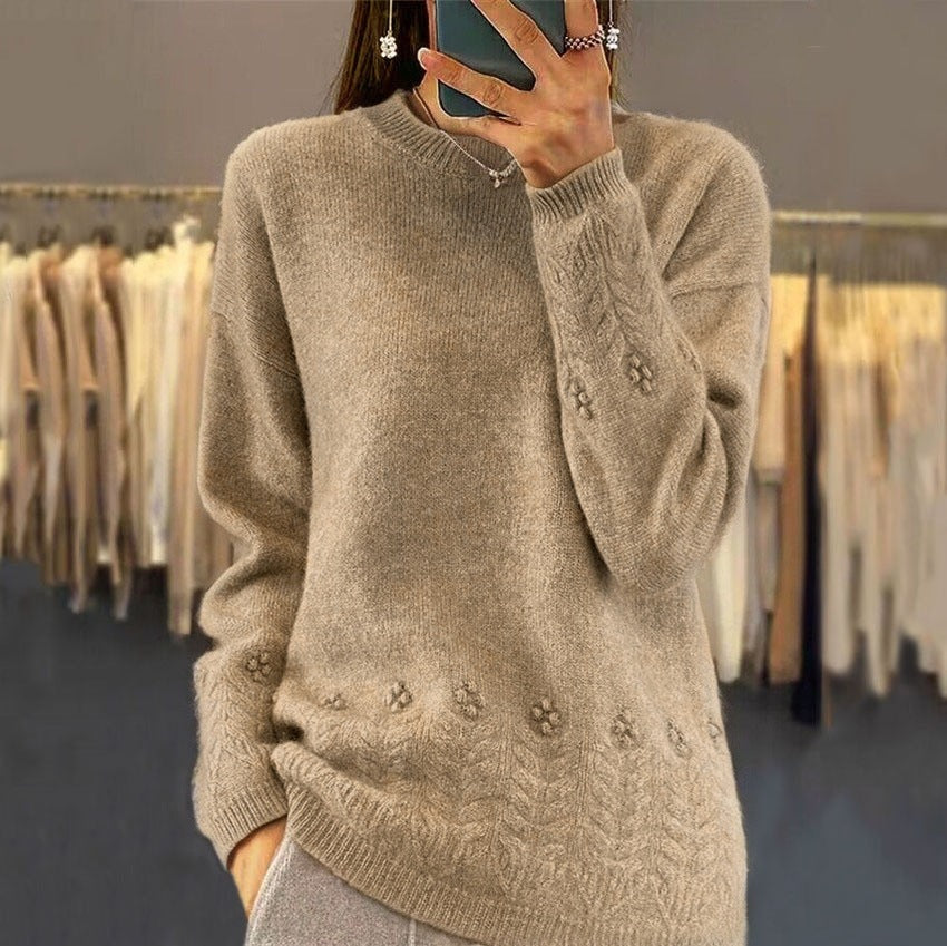 Damen nan kuscheliger Oversize Kaschmir-Mix Pullover mit Zopfmuster und Perlenapplikation Drune