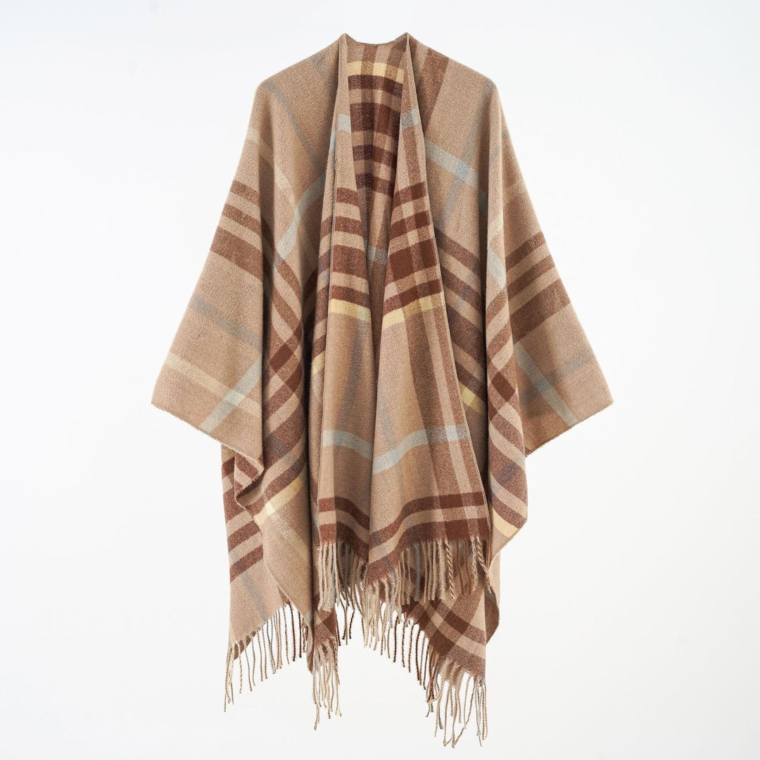 Damen Multifunktionaler Plaid-Poncho mit Kaschmir‑Touch und Fransensaum Drune