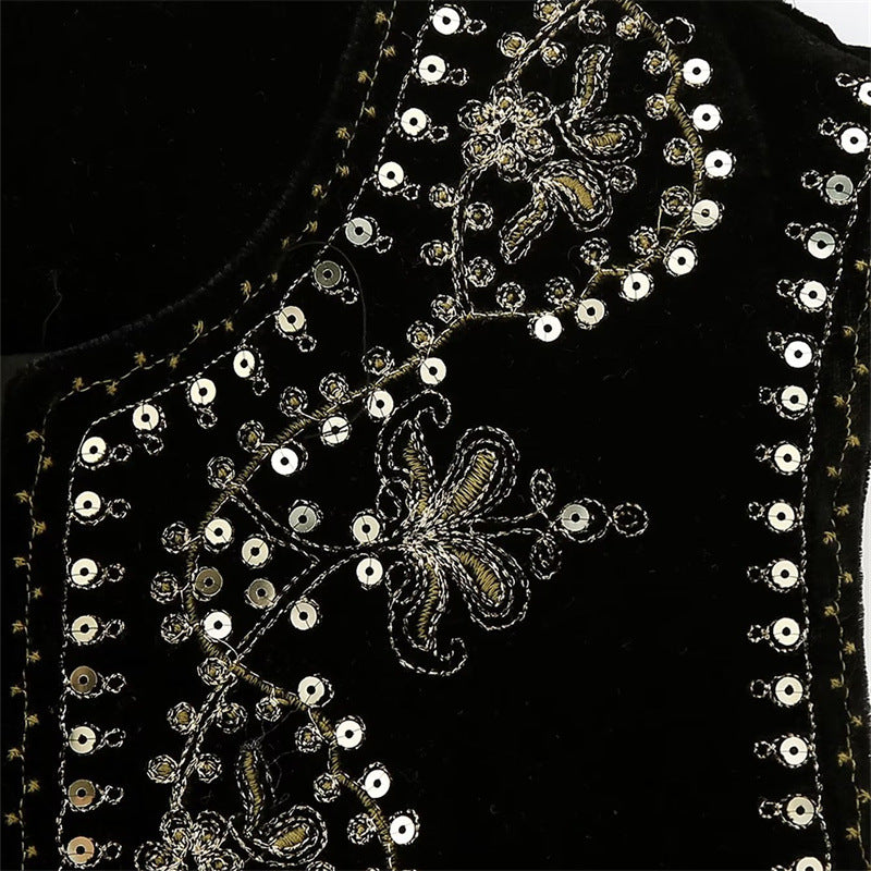 Damen Bestickte Samt-Cropped-Weste mit Perlen- und Paillettenbesatz Drune