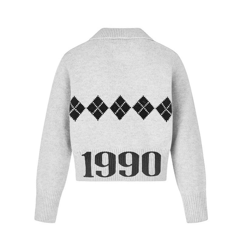 Damen Cropped Strickpullover mit Polokragen, Rippbund und Argyle‑Motiv Drune