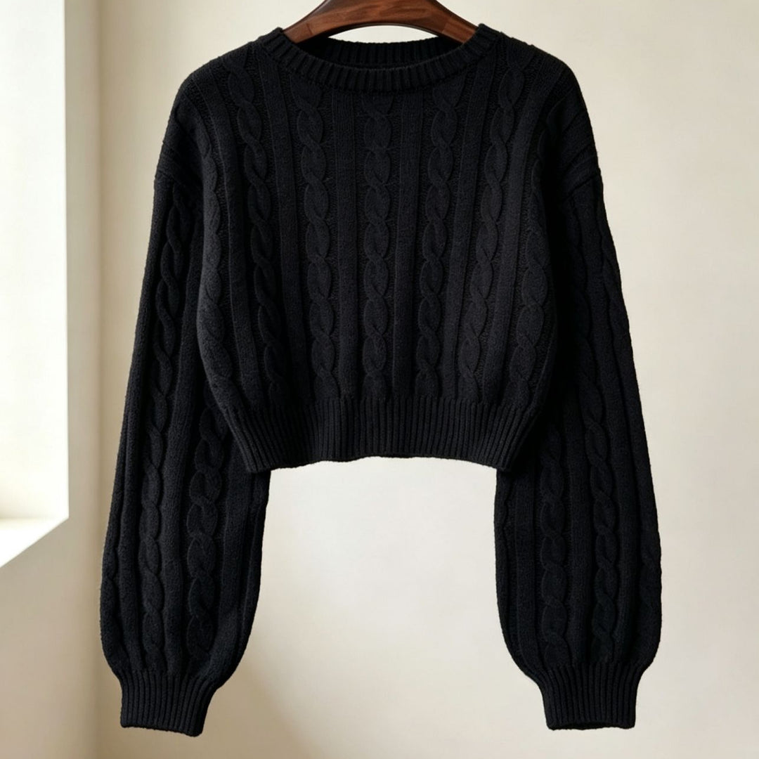 Damen Cropped Zopfmuster-Strickpullover mit kastiger Silhouette und Ballonärmeln Drune