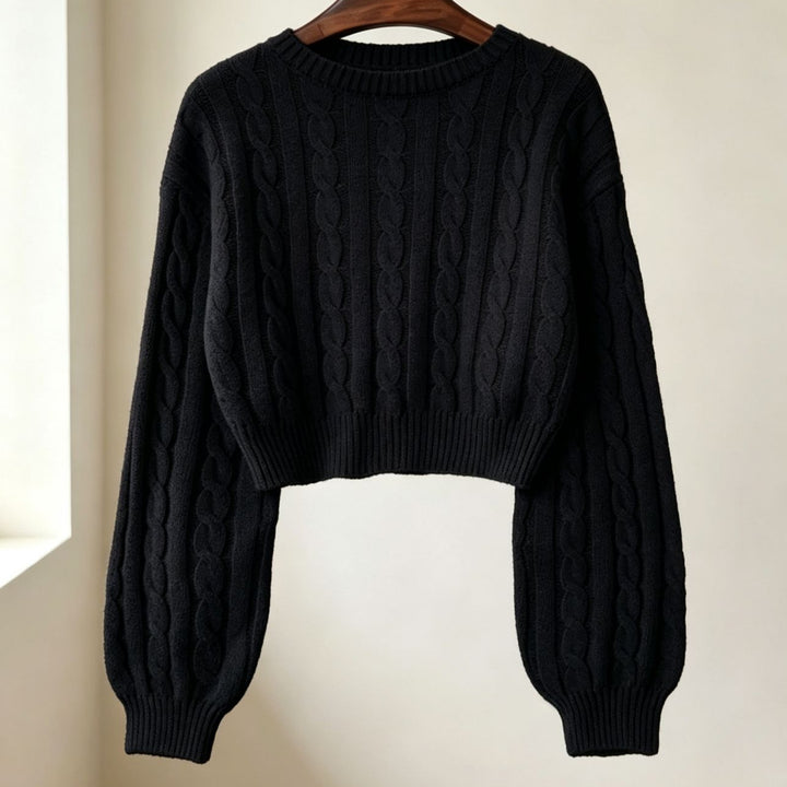 Damen Cropped Zopfmuster-Strickpullover mit kastiger Silhouette und Ballonärmeln Drune