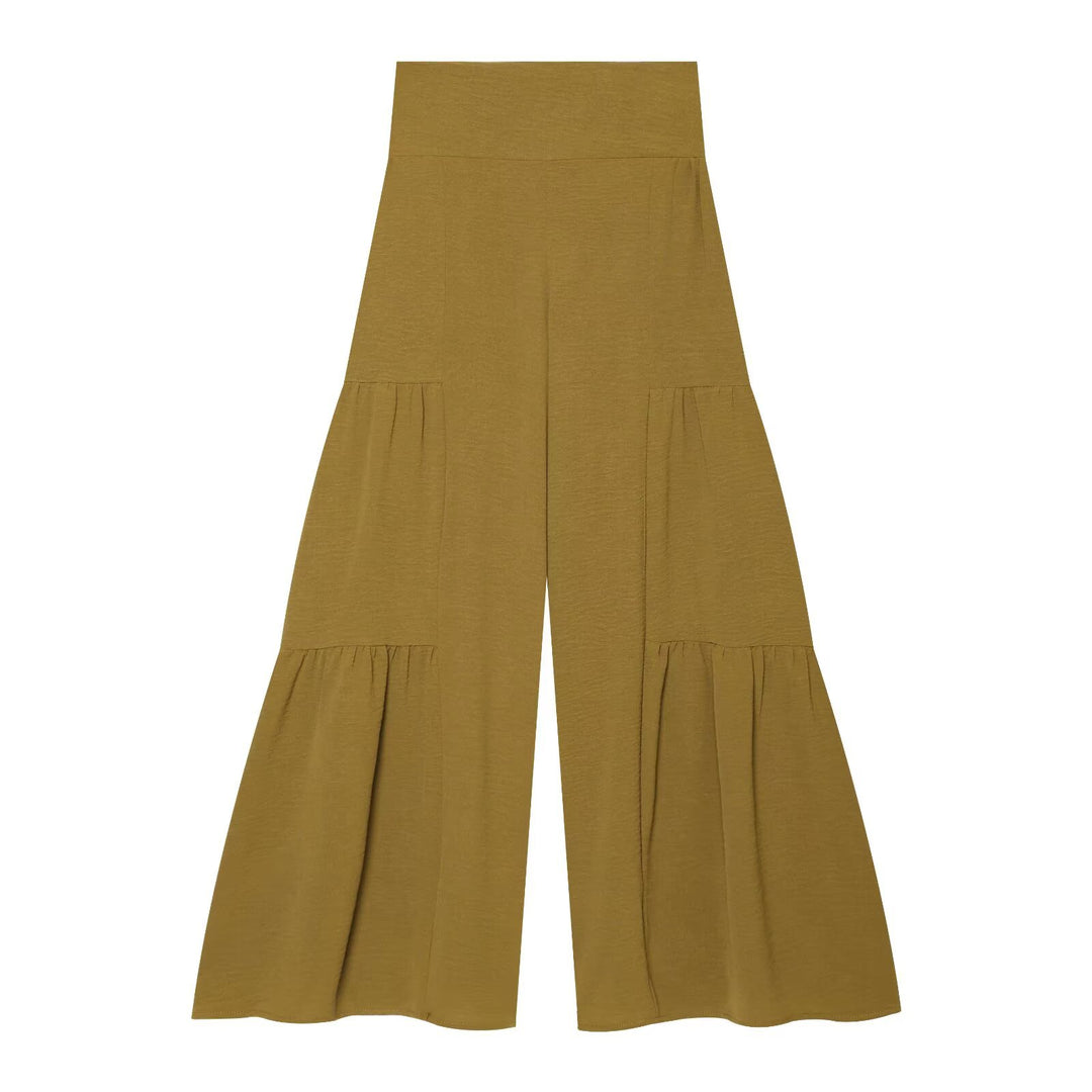 Damen Stufige Wide‑Leg Jersey‑Hose mit hoher Bundpassform und Volantdetails Drune