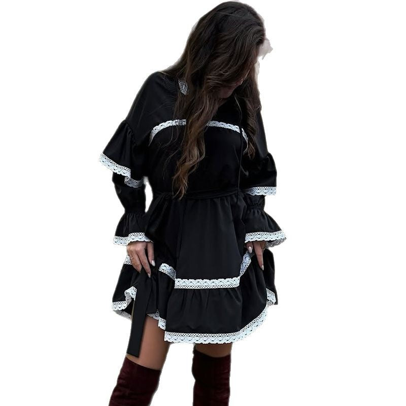 Damen elegantes Kleid mit Volants und Spitzenverzierungen Drune
