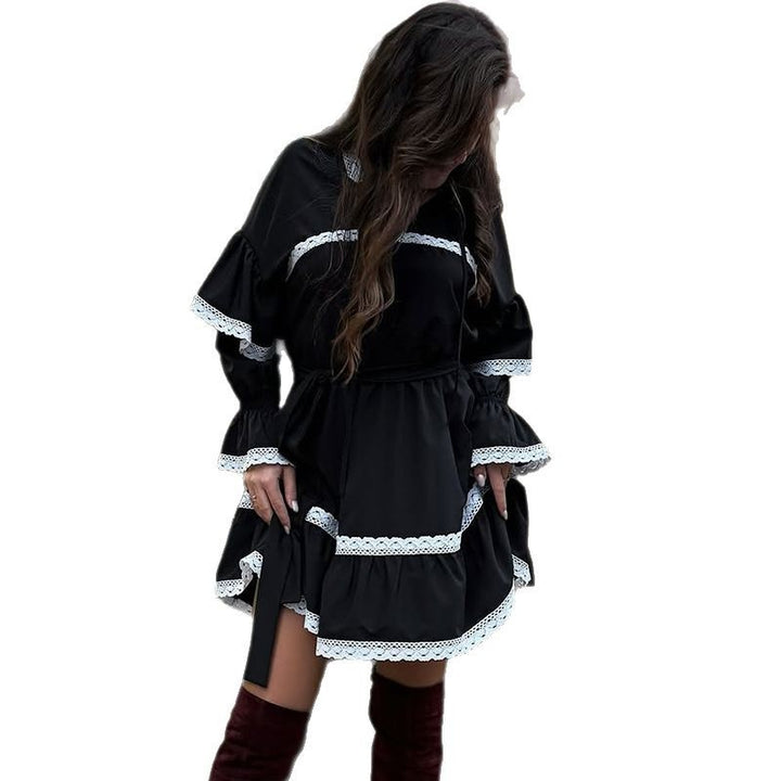 Damen elegantes Kleid mit Volants und Spitzenverzierungen Drune