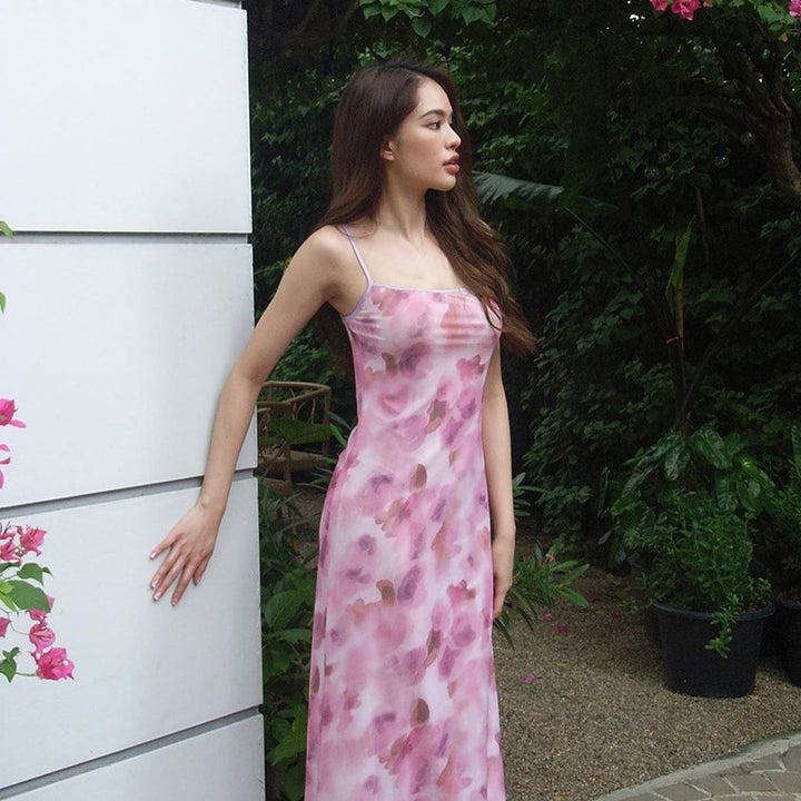 Damen Maxikleid mit floralen Muster und verstellbaren Spaghetti-Trägern Drune
