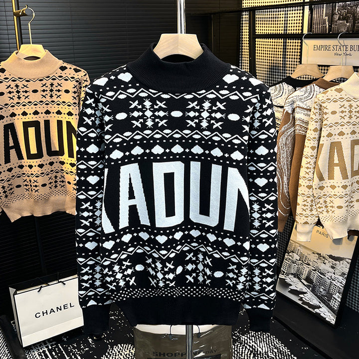 Herren Rollkragenpullover mit Norweger-Jacquard und großflächigem Logoprint Drune