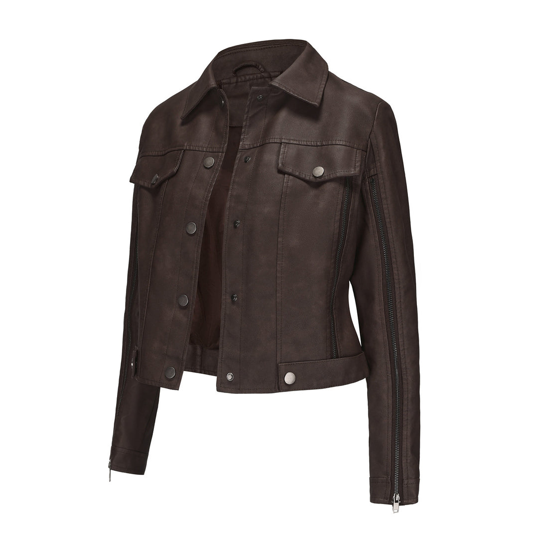 Damen nan kurze Cropped-Truckerjacke aus Wildlederoptik mit seitlichen Reißverschlüssen und aufgesetzten Brusttaschen Drune