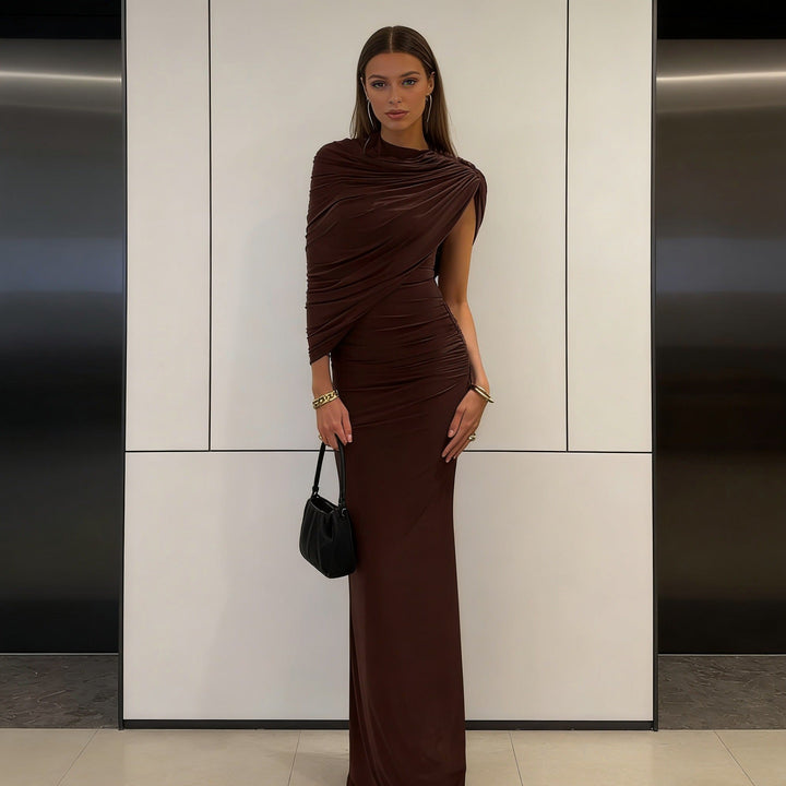 Damen Elegantes Maxikleid mit asymmetrischen Drapierungen und figurschmeichelndem Schnitt Drune