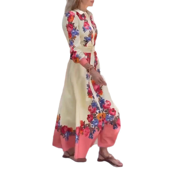 Damen nan langes Hemdblusenkleid mit floralem Print, Bindegürtel und Volantbesatz Drune
