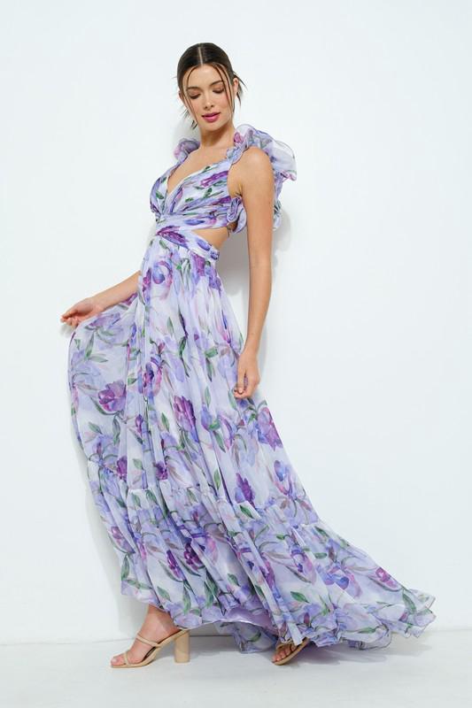 Damen Maxi-Kleid mit floralen Rüschen und schwingendem Design Drune